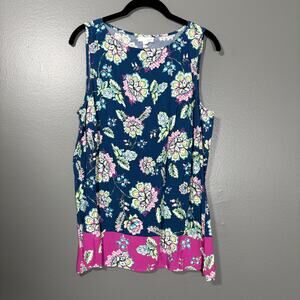J Jill Women's Blue Floral Pink Contrast Sleeveless Top - Size Small - Boat Neck